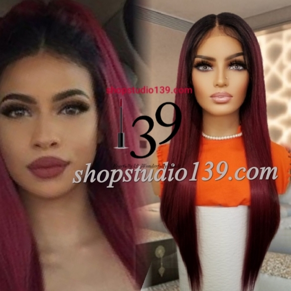 Human hair burgundy lace front wig